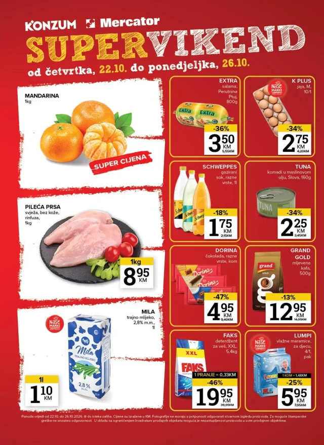 Konzum i Mercator: Supervikend (od 22.10. do 26.10.2026)